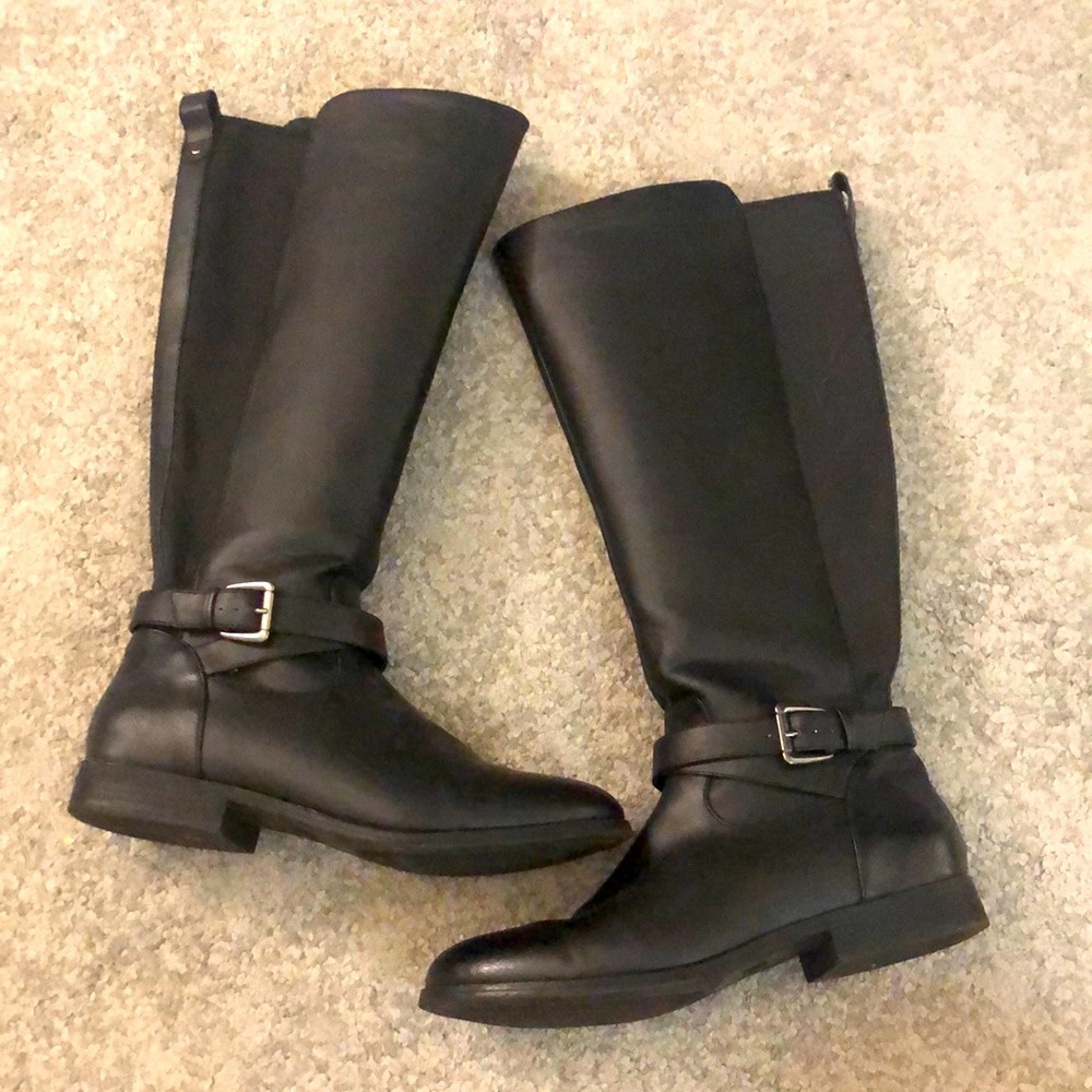 Black Knee High Boots with Zip and Buckle Detail